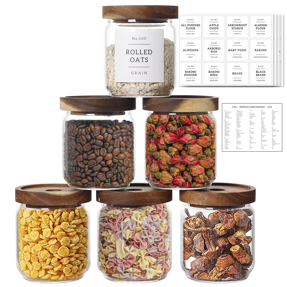 16 OZ Stackable Glass Food Storage Jars with 132 Pantry Labels Preprinted - 6 Pcs Thicken Glass Storage Containers with Airtight Acacia Lid - Clear Kitchen Canister for Spice, Tea, Coffee, Sugar