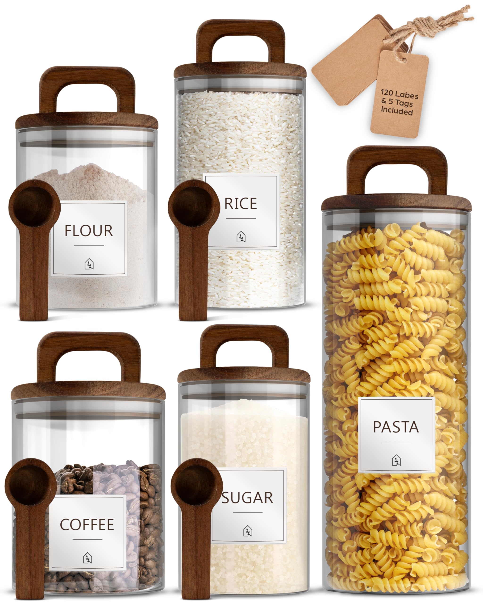 BELLE TERRE Premium Glass Jar Set - 5 Canisters with Airtight Natural Acacia Lids, Custom Labels & Spoons - Food Storage Containers & Pantry Organization - 17oz, 34oz, 68oz - Transparent, Durable