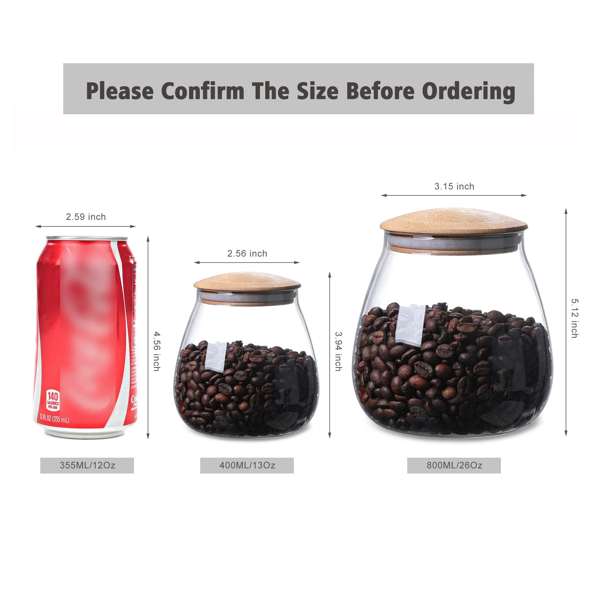 MOLADRI 400 ML/13 FL OZ Clear Cute Glass Storage Canister Holder with Airtight Bamboo Lid, Round Modern Decorative Small Container Jar for Coffee, Spice, Candy, Salt, Cookie, Condiment, Pepper, Sugar