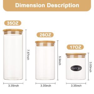 KIM&NUT 3pcs Glass Jars with Airtight Bamboo Lids, 2200 ml 74 oz Wide Mouth Clear Glass Food Storage Containers, Glass Kitchen Canisters with Labels