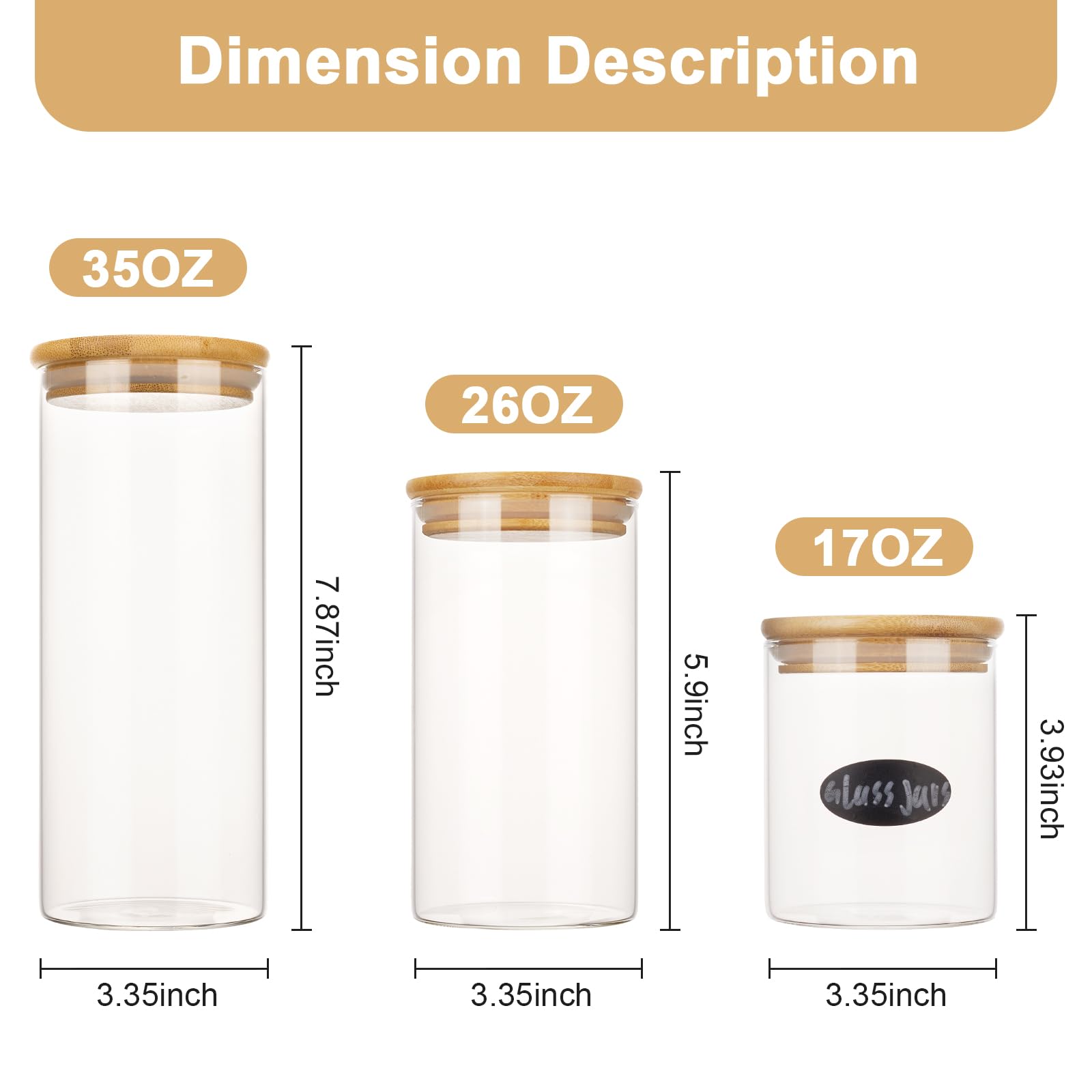 KIM&NUT 3pcs Glass Jars with Airtight Bamboo Lids, 2200 ml 74 oz Wide Mouth Clear Glass Food Storage Containers, Glass Kitchen Canisters with Labels