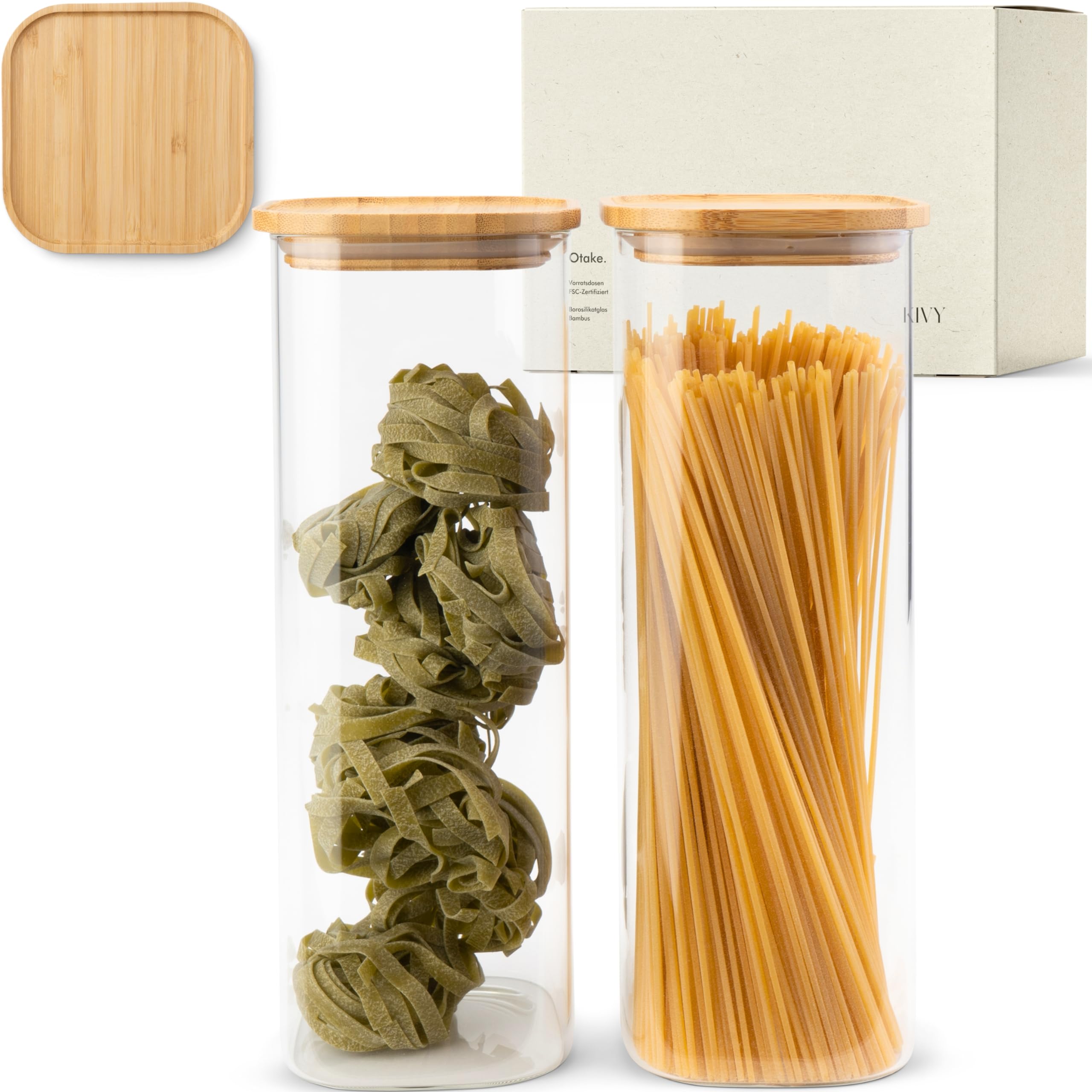 KIVY Square Glass Jars with Bamboo Lids [2x 74oz] Glass airtight food storage containers - Pasta containers storage - Spaghetti container - Pasta containers for pantry flour Jar - Large glass jars