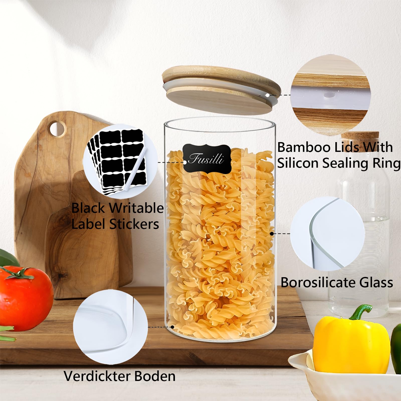 VIEWELLD Airtight Glass Storage Canister with Wood Lid(40 fl.oz), Clear Food Storage Container Jar with Sealing Bamboo Lid for Noodles Flour Cereal Rice Sugar Tea Coffee Beans, Round Set of 3