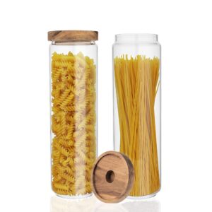 glass jars with acacia lids – set of 2 high borosilicate glass containers with wooden lids 54oz. airtight glass containers for noodles cereal rice sugar tea coffee beans stackable storage containers