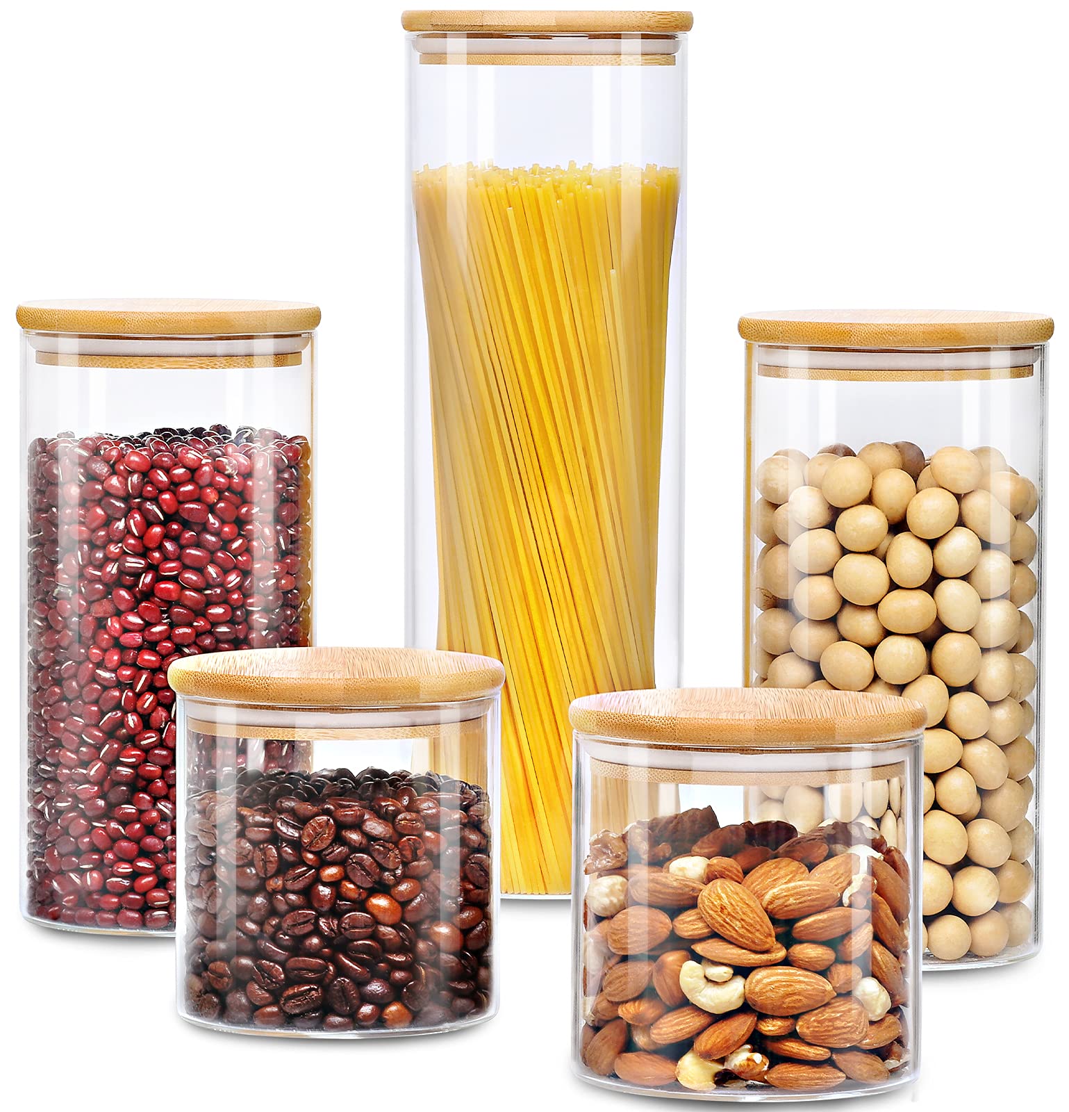 AIKWI Glass Food Storage Jars Set of 5, Airtight Glass Kitchen Canisters with Bamboo Lids, Clear Glass Canister Food Jar Kitchen Pantry Storage Container for Spaghetti, Beans, Cereal, Snacks and More