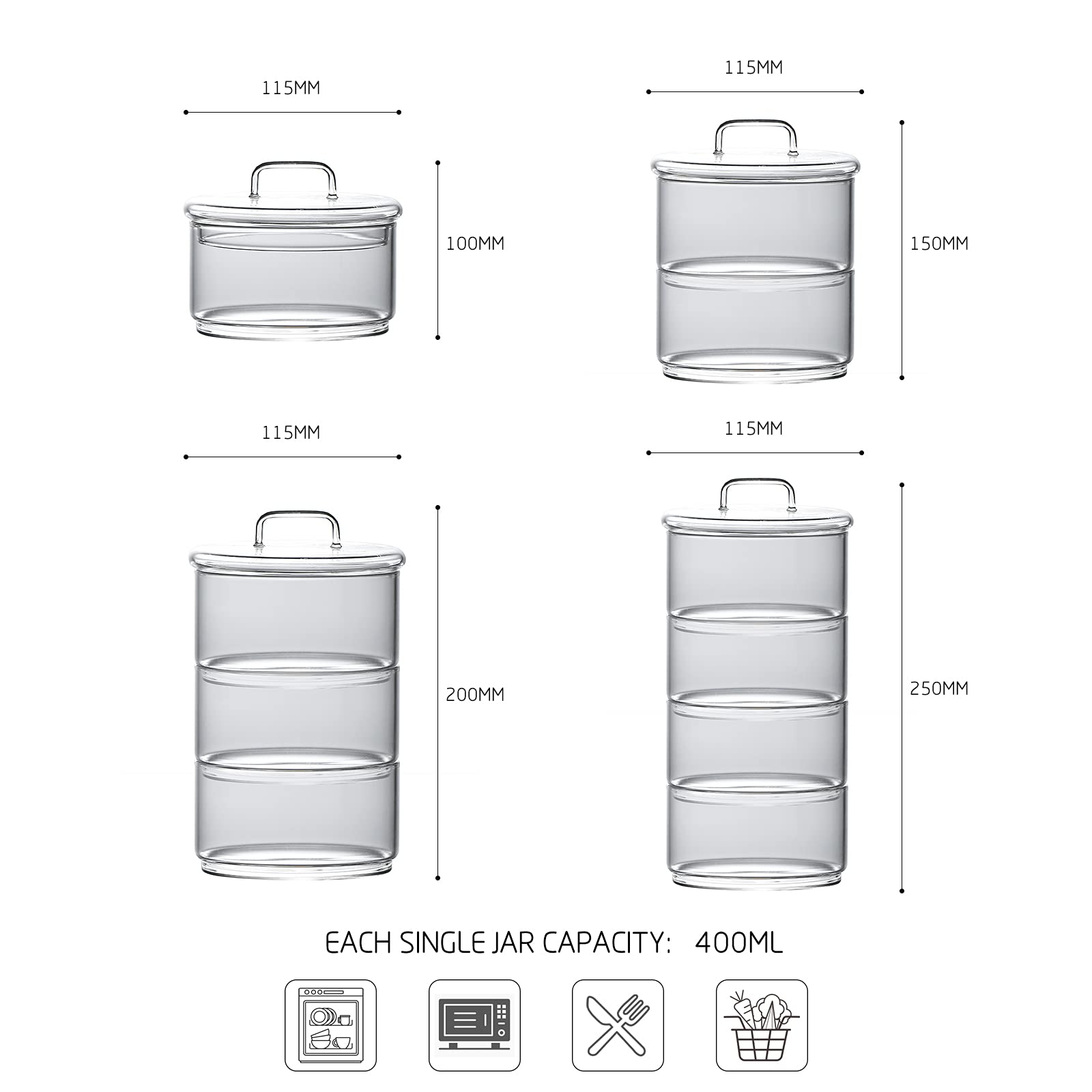 KINGBOO Glass Storage Jars,4-Tier Stackable Containers Kitchen Canisters Canning with Airtight Hermetic Seal Clear Glass Lids 4 Pack