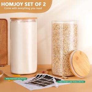 Homjoy 2 Pack Larger Food Grade Glass Flour and Sugar Containers, 170 FL OZ Airtight Glass Food Storage Containers with 104 Pantry Labels, Glass Jars with Bamboo Lids for Flour,Sugar, Rice, Pasta