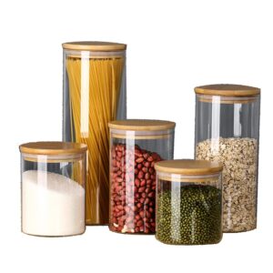 set of 5 borosilicate glass jars with bamboo lids, glass food storage containers set, airtight sealable containers for sugar candy cookie rice and spice jars