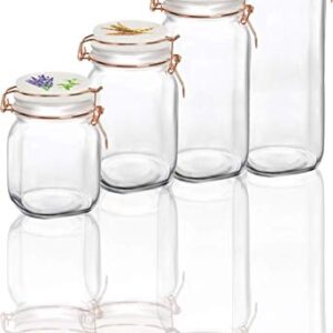 Circleware Vegetable Decal Glass Canisters Shaped with Ceramic Lids, Set of 4 Kitchen Glassware Food Beverage Preserving Containers for Coffee, Sugar, Tea, Spices, Cereal, 66 oz, 49 oz, 30 oz, 22 oz