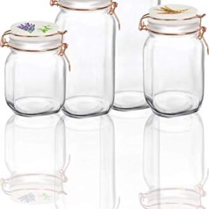 Circleware Vegetable Decal Glass Canisters Shaped with Ceramic Lids, Set of 4 Kitchen Glassware Food Beverage Preserving Containers for Coffee, Sugar, Tea, Spices, Cereal, 66 oz, 49 oz, 30 oz, 22 oz