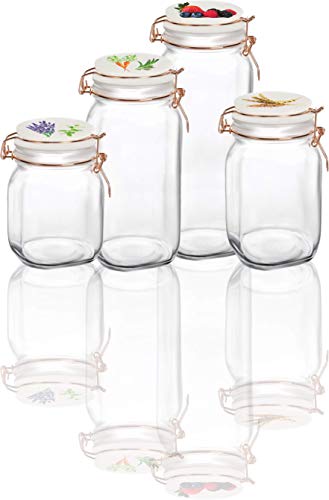 Circleware Vegetable Decal Glass Canisters Shaped with Ceramic Lids, Set of 4 Kitchen Glassware Food Beverage Preserving Containers for Coffee, Sugar, Tea, Spices, Cereal, 66 oz, 49 oz, 30 oz, 22 oz