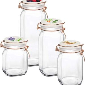 Circleware Vegetable Decal Glass Canisters Shaped with Ceramic Lids, Set of 4 Kitchen Glassware Food Beverage Preserving Containers for Coffee, Sugar, Tea, Spices, Cereal, 66 oz, 49 oz, 30 oz, 22 oz