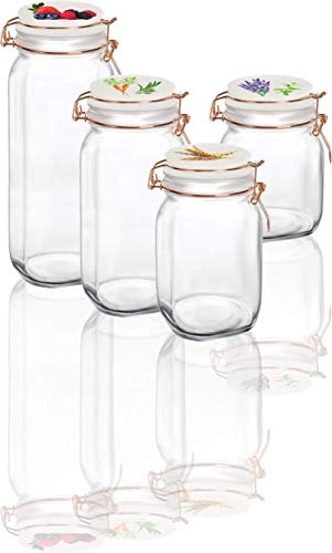 Circleware Vegetable Decal Glass Canisters Shaped with Ceramic Lids, Set of 4 Kitchen Glassware Food Beverage Preserving Containers for Coffee, Sugar, Tea, Spices, Cereal, 66 oz, 49 oz, 30 oz, 22 oz