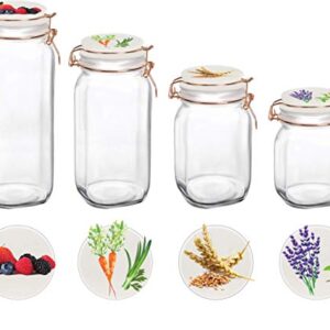 Circleware Vegetable Decal Glass Canisters Shaped with Ceramic Lids, Set of 4 Kitchen Glassware Food Beverage Preserving Containers for Coffee, Sugar, Tea, Spices, Cereal, 66 oz, 49 oz, 30 oz, 22 oz