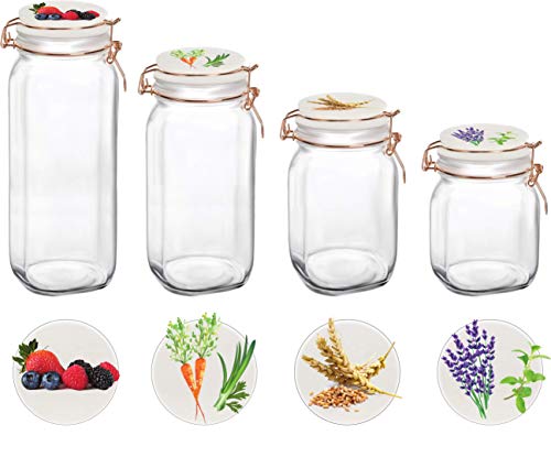 Circleware Vegetable Decal Glass Canisters Shaped with Ceramic Lids, Set of 4 Kitchen Glassware Food Beverage Preserving Containers for Coffee, Sugar, Tea, Spices, Cereal, 66 oz, 49 oz, 30 oz, 22 oz