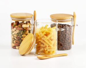 glass jars with wooden lid and spoon, airtight food storage containers for sugar/coffee/flour/spices, set of 3 clear stackable kitchen canisters, ideal for home organization decor (18oz/530ml)