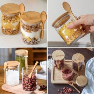 Glass Jars with Wooden Lid and Spoon, Airtight Food Storage Containers for Sugar/Coffee/Flour/Spices, Set of 3 Clear Stackable Kitchen Canisters, Ideal for Home Organization Decor (18Oz/530ML)