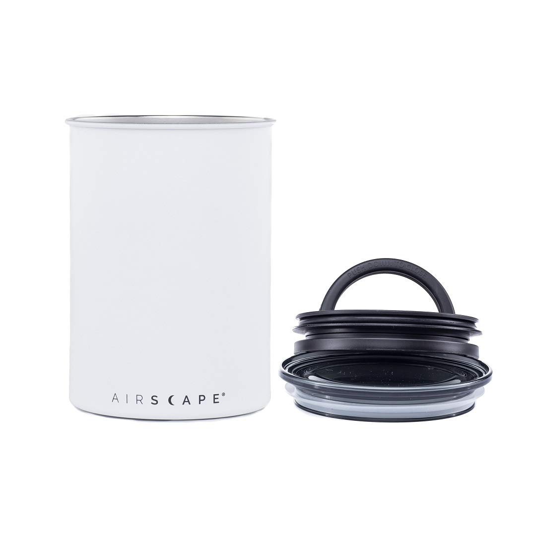 Planetary Design Airscape Stainless Steel Coffee Canister | Food Storage Container | Patented Airtight Lid | Push Out Excess Air Preserve Food Freshness (Medium, Matte White)