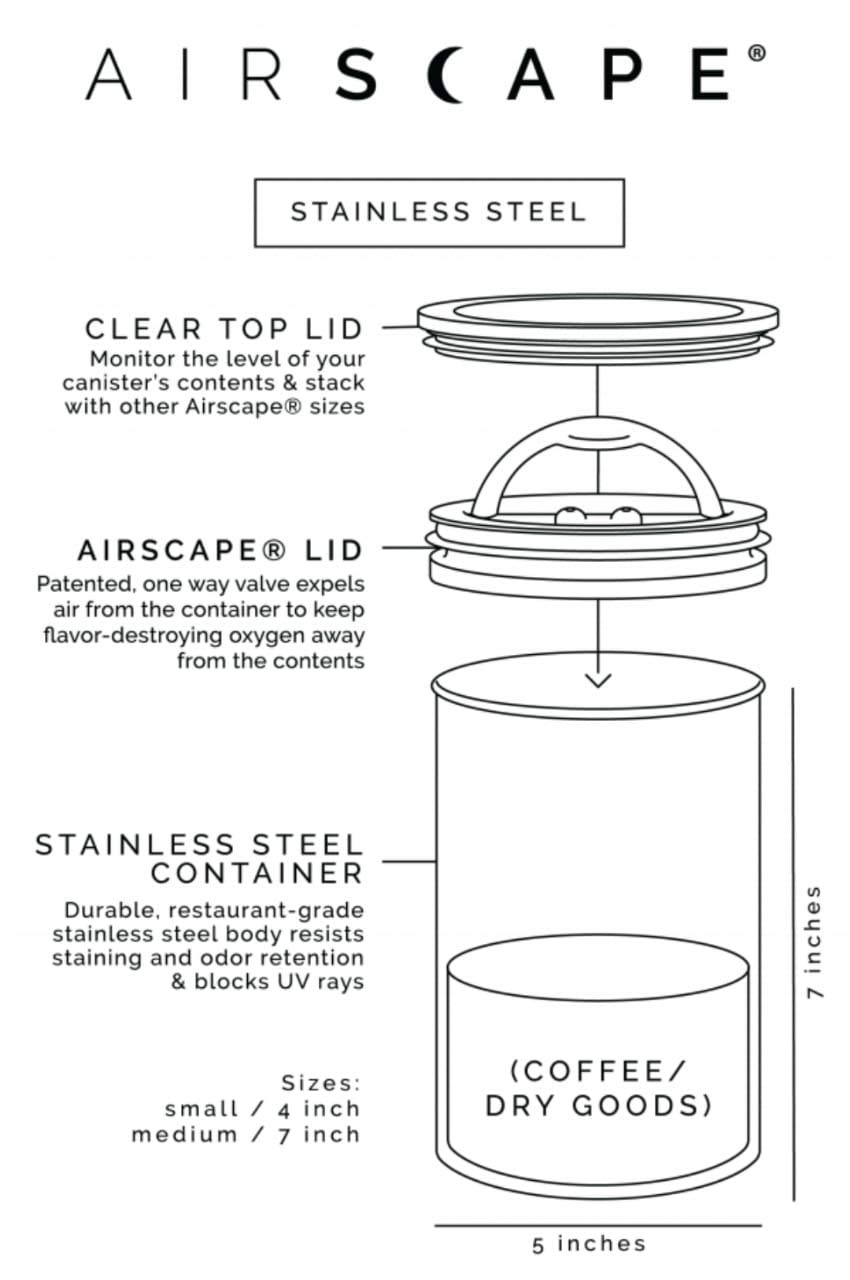 Planetary Design Airscape Stainless Steel Coffee Canister | Food Storage Container | Patented Airtight Lid | Push Out Excess Air Preserve Food Freshness (Medium, Matte White)