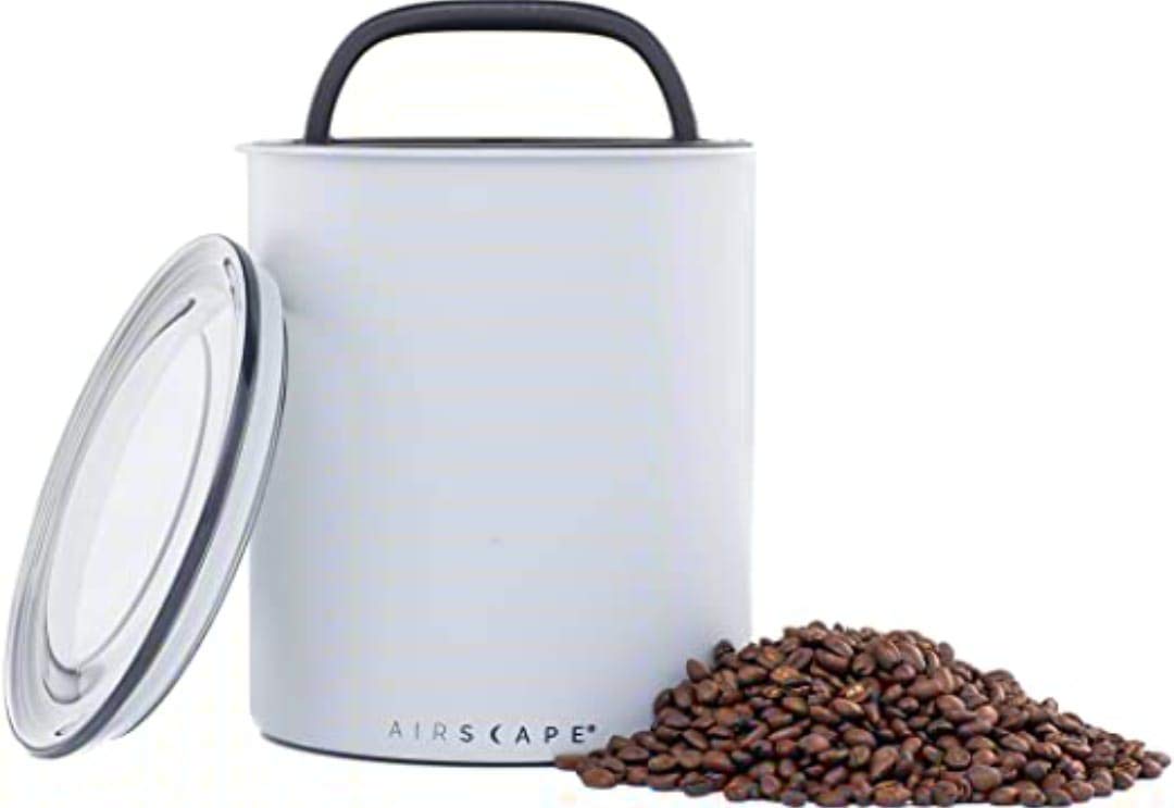 Planetary Design Airscape Stainless Steel Coffee Canister | Food Storage Container | Patented Airtight Lid | Push Out Excess Air Preserve Food Freshness (Medium, Matte White)