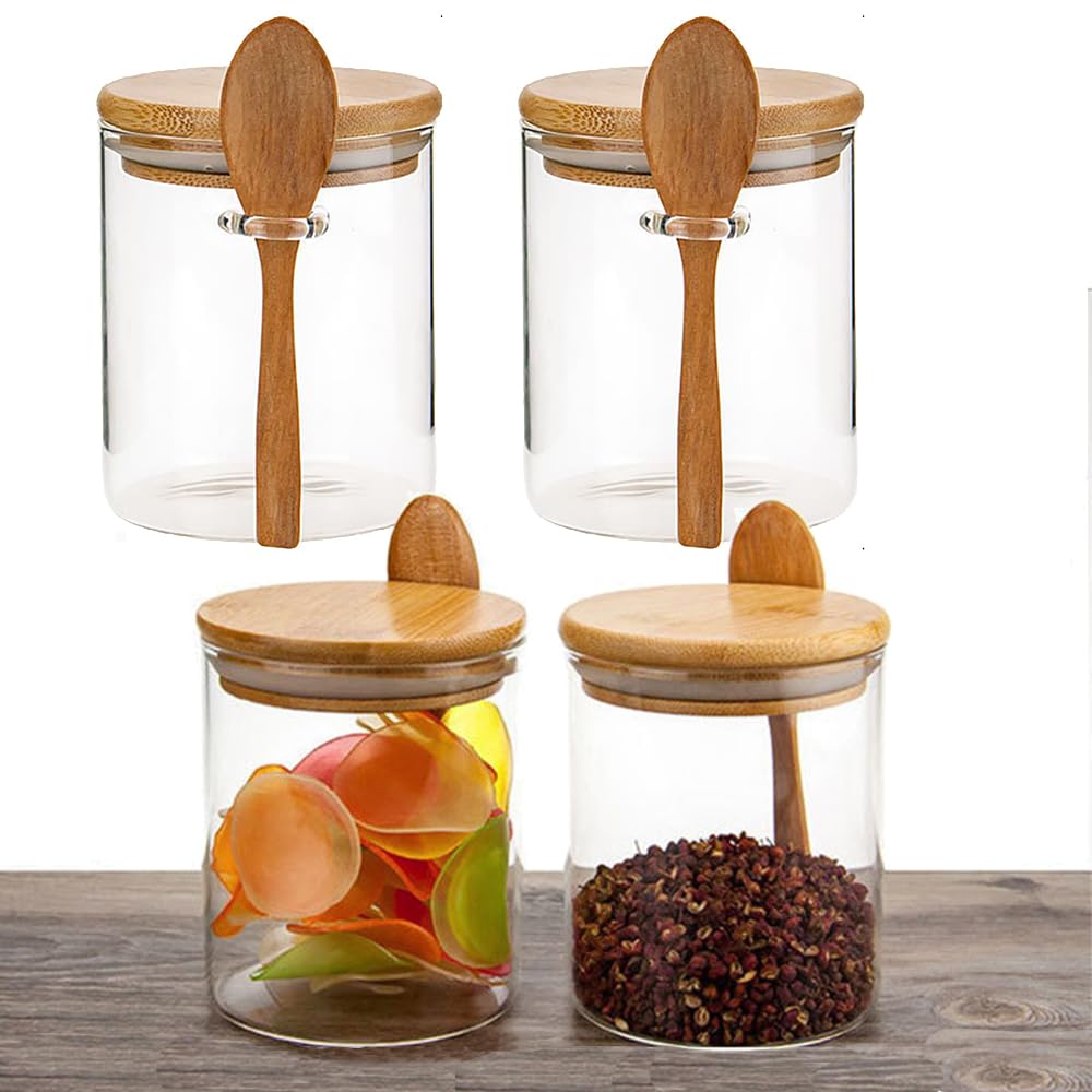 Airtight Glass Jars With Bamboo Lids And Spoons, 17oz Glass Canisters With Lid For Spice Beans Tea, Sealed Sugar Container, Glass Coffee Containers, Food Jars Canisters, Kitchen Accessories (4pcs)