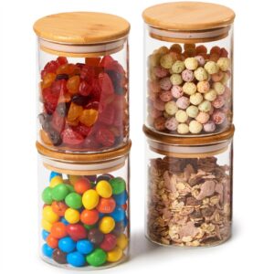 ezoware set of 4 airtight glass storage jars with bamboo lid set, 450ml/15.2oz high borosilicate clear kitchen pantry food canister container for cereal, pasta, nuts, spices, flour, coffee