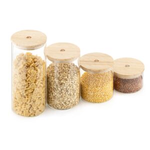 navaris glass food storage canisters (set of 4) - containers with bamboo lids for dry goods - airtight kitchen jars - 47 oz / 34 oz / 20 oz / 10 oz