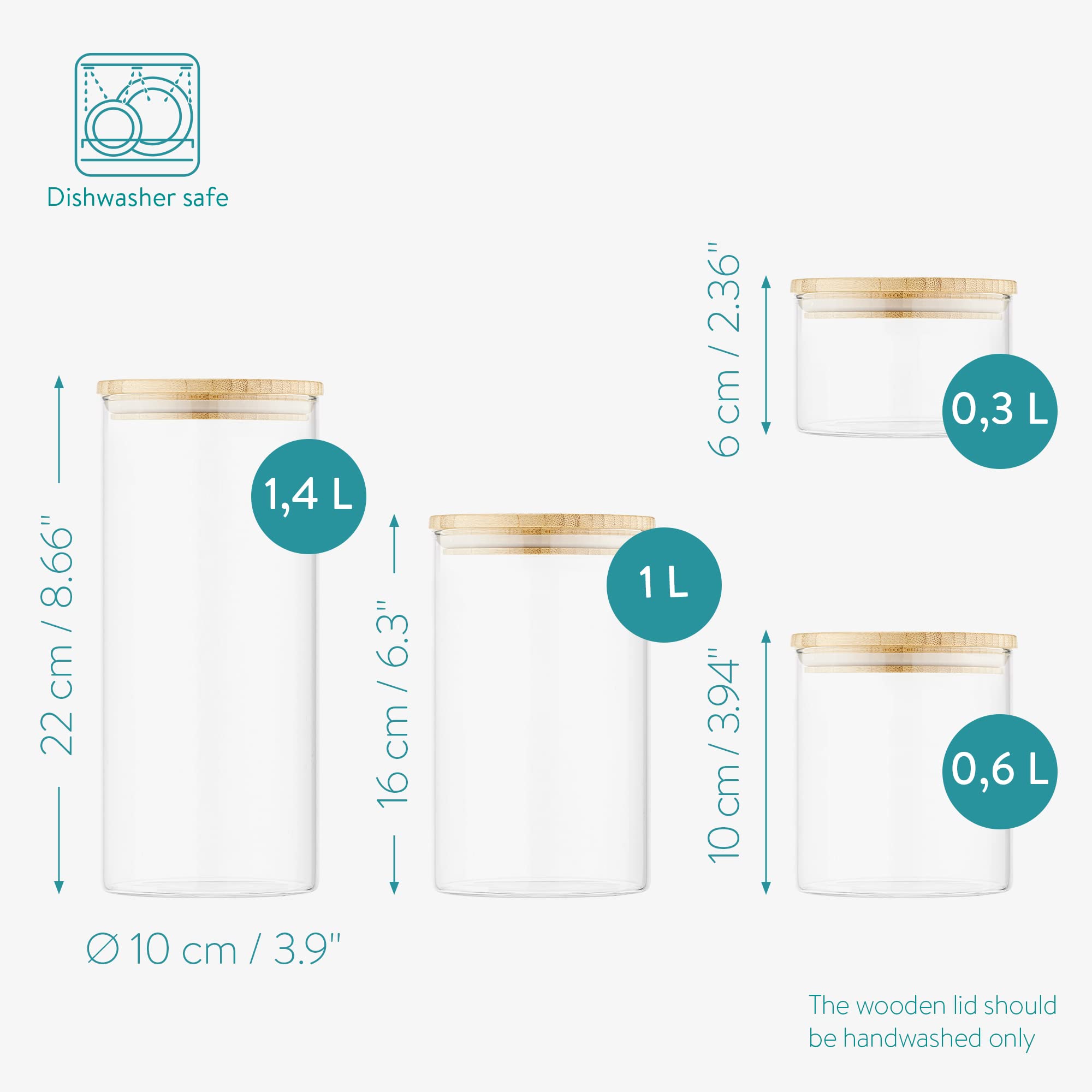 Navaris Glass Food Storage Canisters (Set of 4) - Containers with Bamboo Lids for Dry Goods - Airtight Kitchen Jars - 47 oz / 34 oz / 20 oz / 10 oz