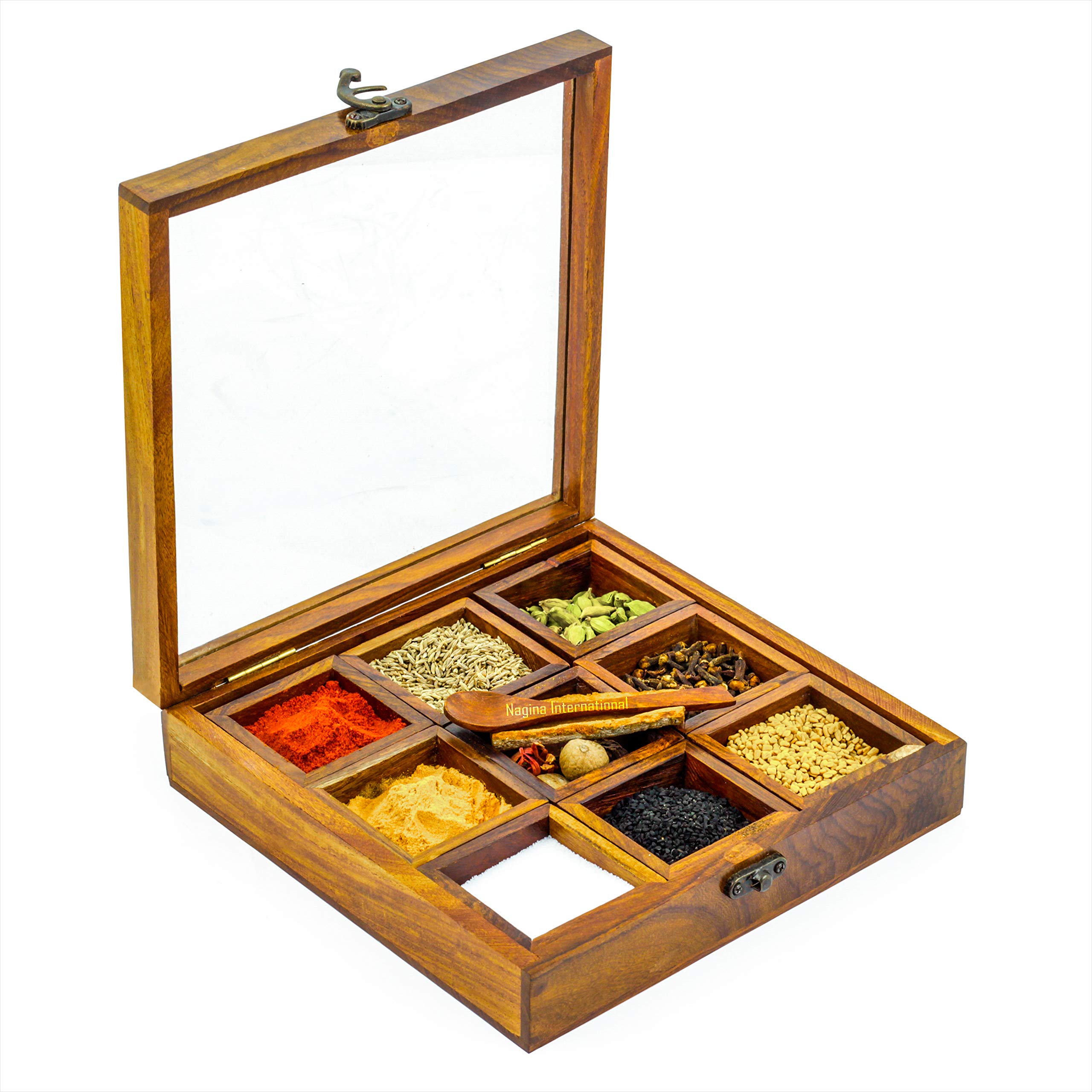 8" Wooden Handcrafted Multi-Compartment Square Storage Box | Kitchen Ware Jar Container Canister For Spices/Sugar/Tea/Dry Fruits/Masala | Christmas Premium Gifts Ideas