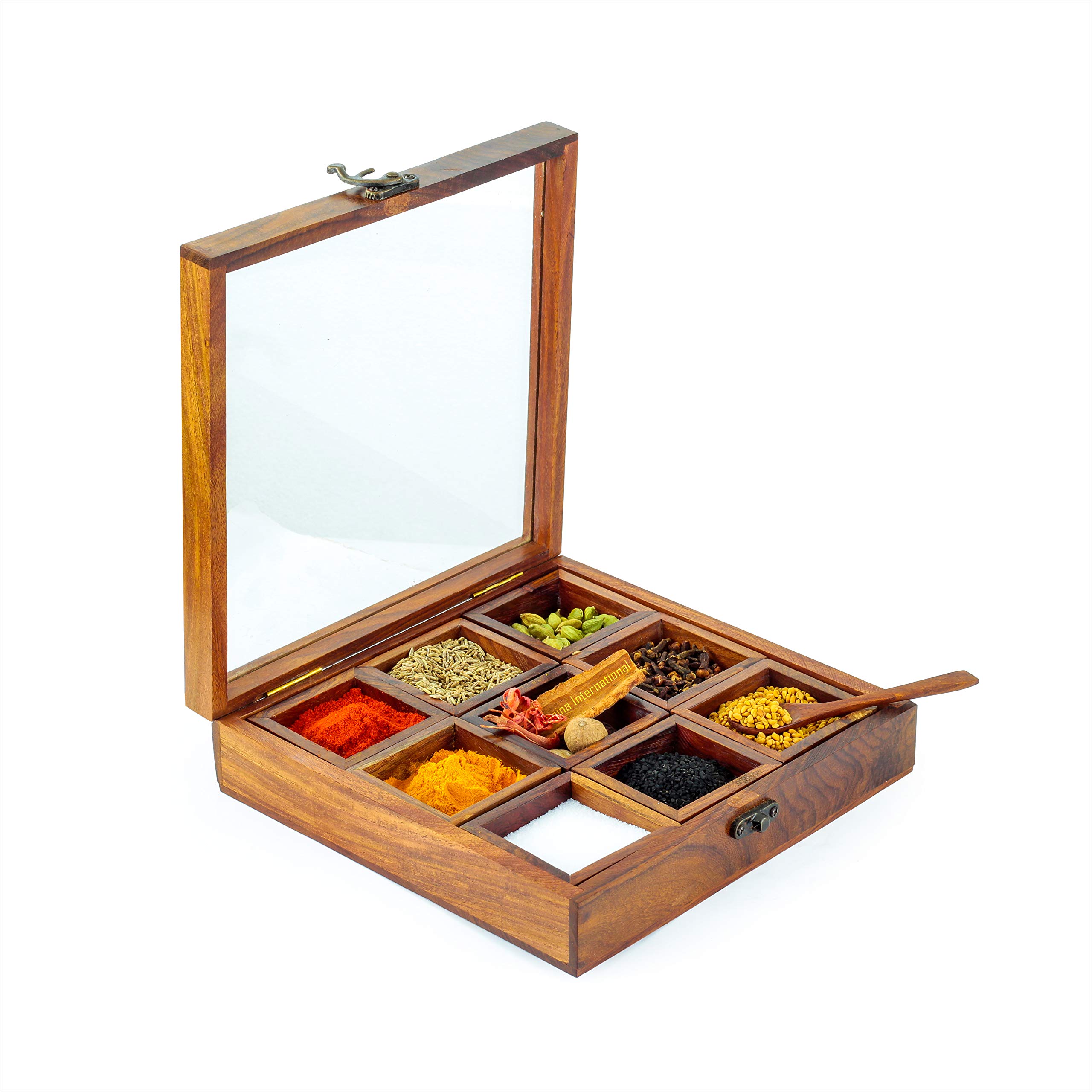 8" Wooden Handcrafted Multi-Compartment Square Storage Box | Kitchen Ware Jar Container Canister For Spices/Sugar/Tea/Dry Fruits/Masala | Christmas Premium Gifts Ideas