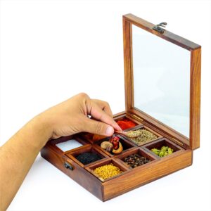 8" Wooden Handcrafted Multi-Compartment Square Storage Box | Kitchen Ware Jar Container Canister For Spices/Sugar/Tea/Dry Fruits/Masala | Christmas Premium Gifts Ideas