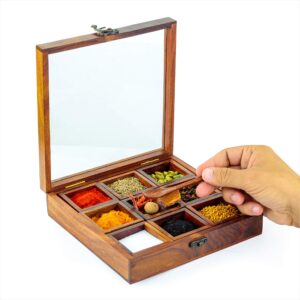 8" Wooden Handcrafted Multi-Compartment Square Storage Box | Kitchen Ware Jar Container Canister For Spices/Sugar/Tea/Dry Fruits/Masala | Christmas Premium Gifts Ideas