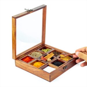 8" Wooden Handcrafted Multi-Compartment Square Storage Box | Kitchen Ware Jar Container Canister For Spices/Sugar/Tea/Dry Fruits/Masala | Christmas Premium Gifts Ideas