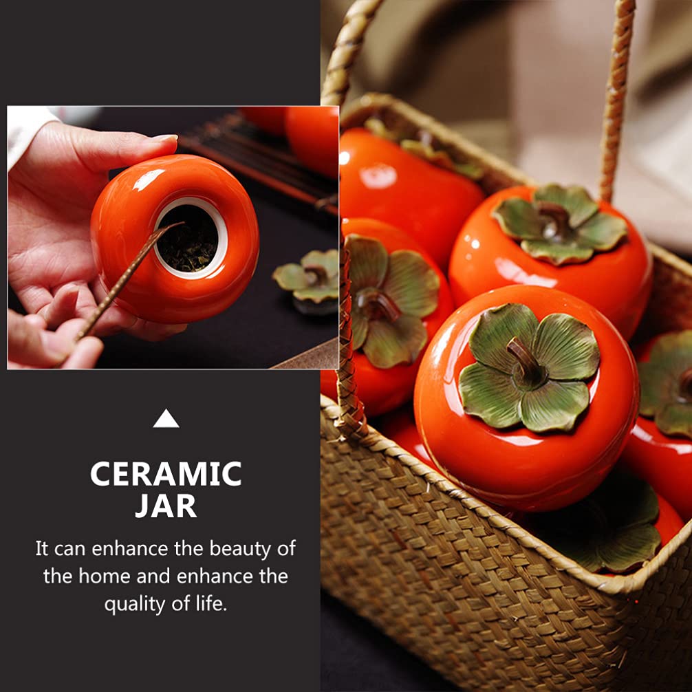 jojofuny 2pcs Ceramic Tea Jar Persimmon Shape Tea Tins Containers with Leaf Lids Orange Ornament Porcelain Tea Pot Food Storage Jar for Table Decoration Orange 200ml