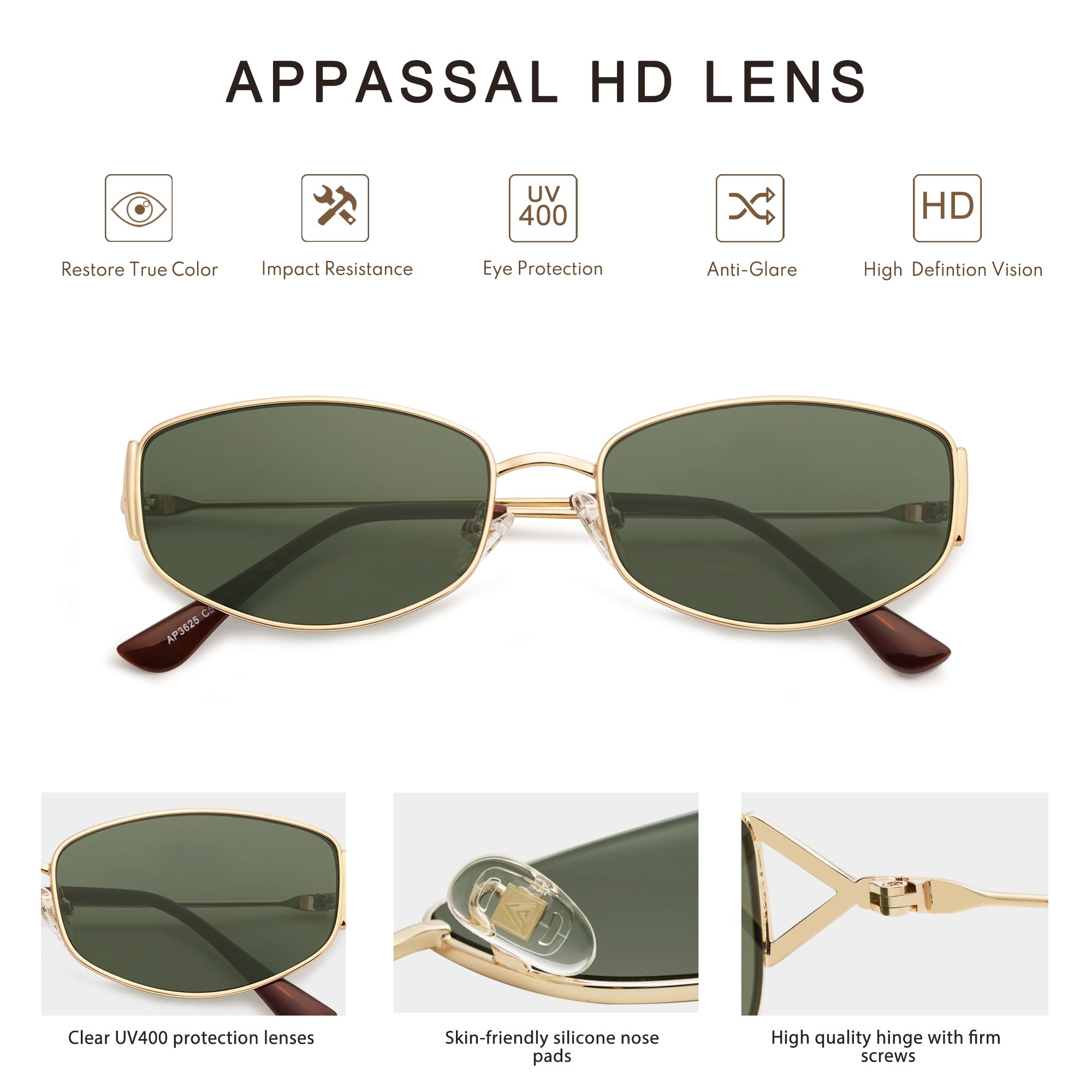 Appassal Retro Oval Sunglasses For Women Men Hexagonal Rectangle Metal Frame Sun Glasses AP3625,Gold/Green