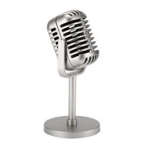 facmogu classic retro style microphone prop, fake vintage microphone prop model with stand, silver antique microphone decor microphone costume prop for party decorations - silver