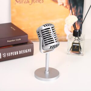 Facmogu Classic Retro Style Microphone Prop, Fake Vintage Microphone Prop Model with Stand, Silver Antique Microphone Decor Microphone Costume Prop for Party Decorations - Silver