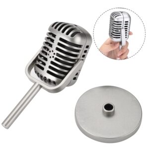 Facmogu Classic Retro Style Microphone Prop, Fake Vintage Microphone Prop Model with Stand, Silver Antique Microphone Decor Microphone Costume Prop for Party Decorations - Silver