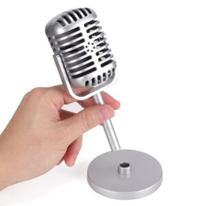 Facmogu Classic Retro Style Microphone Prop, Fake Vintage Microphone Prop Model with Stand, Silver Antique Microphone Decor Microphone Costume Prop for Party Decorations - Silver