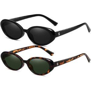 aieyezo retro oval sunglasses for women fashion small oval frame sun glasses 90s vintage style shades (black + leopard/green)