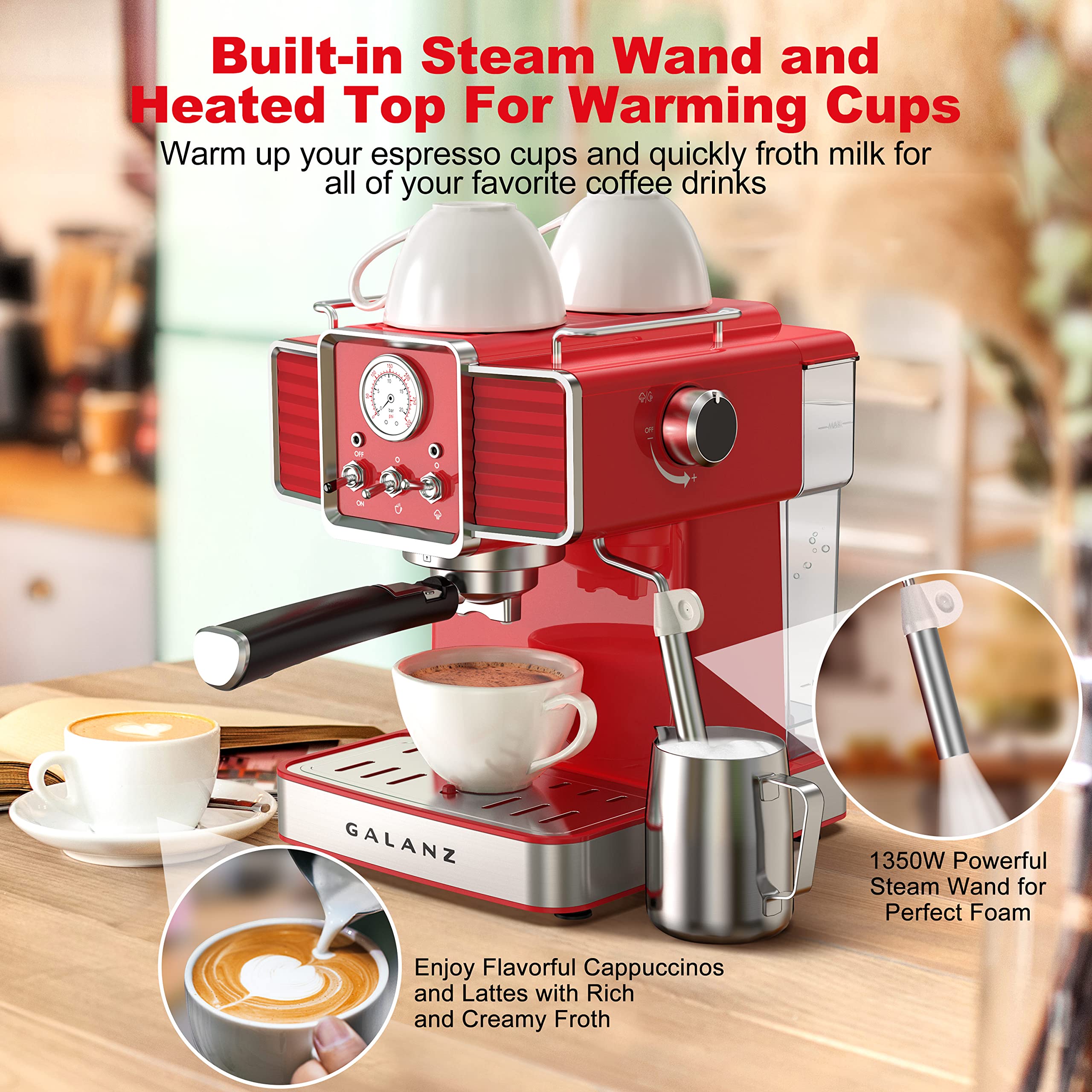 Galanz Retro Espresso Machine with Milk Frother, 15 Bar Pump Professional Cappuccino and Latte Machine, 1.5L Removable Water Tank, Retro Red, 1350 W