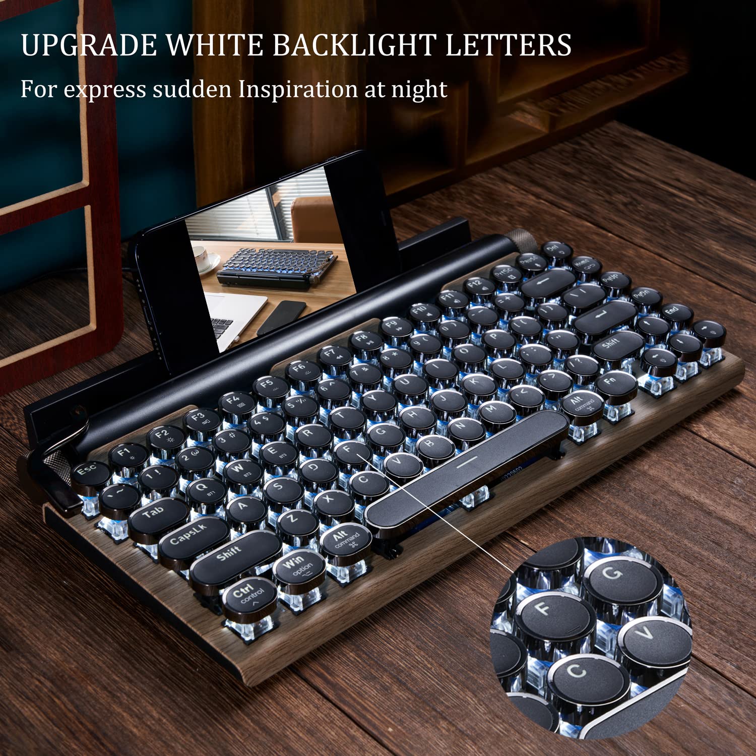 7KEYS Typewriter Keyboard Wireless Retro Style, Vintage Classical Mechanical Keyboard with Bluetooth for IPAD PC/Laptop Mac/Phone