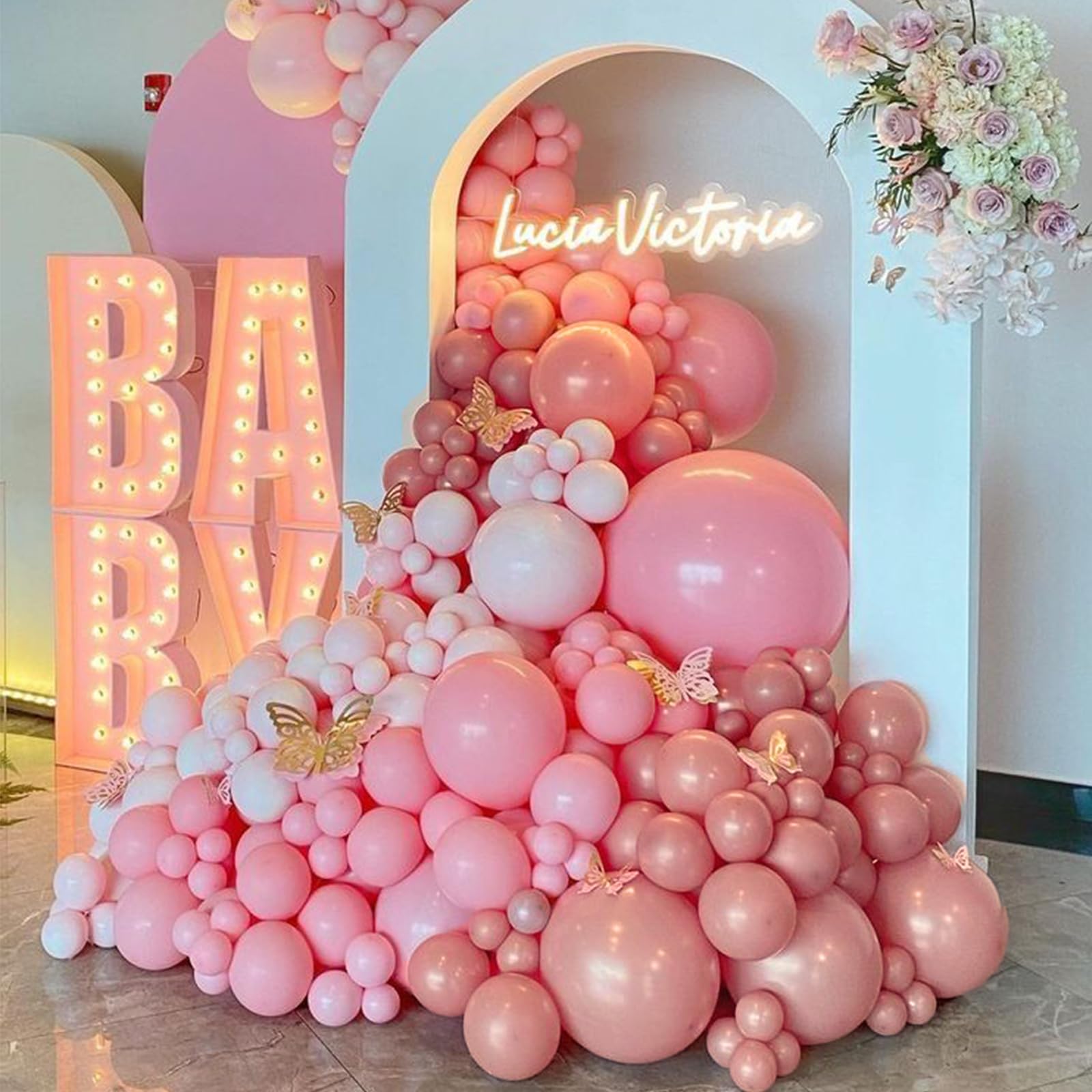 RUBFAC 129pcs Retro Pink Balloons Latex Blush Balloons Different Sizes 18 12 10 5 Inch Party Balloon Kit for Valentine's Day Birthday Baby Shower Wedding Princess Boho Theme Party Decoration