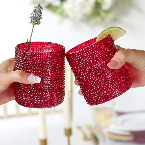 Kate Aspen Hobnail Beaded Drinking Glasses Vintage Glassware Set | Cocktail Glass Set, Juice Glass, Water Cups | Makes A Great Hostess Gift, Gift for Newlyweds (Red)