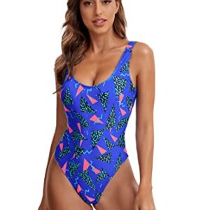 MIAIULIA Women's Retro 80s/90s Inspired High Cut Low Back Padding One Piece Swimwear Bathing Suits 90s Pattern RoyalBlue S