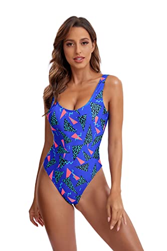 MIAIULIA Women's Retro 80s/90s Inspired High Cut Low Back Padding One Piece Swimwear Bathing Suits 90s Pattern RoyalBlue S