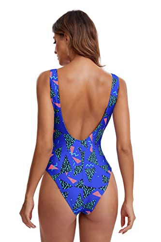 MIAIULIA Women's Retro 80s/90s Inspired High Cut Low Back Padding One Piece Swimwear Bathing Suits 90s Pattern RoyalBlue S