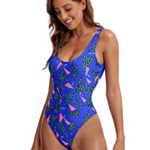 MIAIULIA Women's Retro 80s/90s Inspired High Cut Low Back Padding One Piece Swimwear Bathing Suits 90s Pattern RoyalBlue S