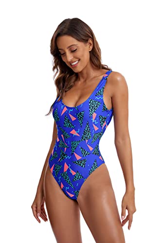 MIAIULIA Women's Retro 80s/90s Inspired High Cut Low Back Padding One Piece Swimwear Bathing Suits 90s Pattern RoyalBlue S