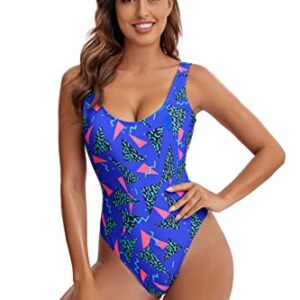 MIAIULIA Women's Retro 80s/90s Inspired High Cut Low Back Padding One Piece Swimwear Bathing Suits 90s Pattern RoyalBlue S